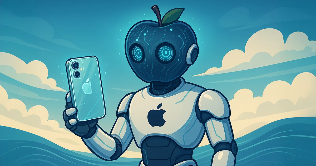 ein Apple Roboter hält ein Apple Smartphone aus Glas